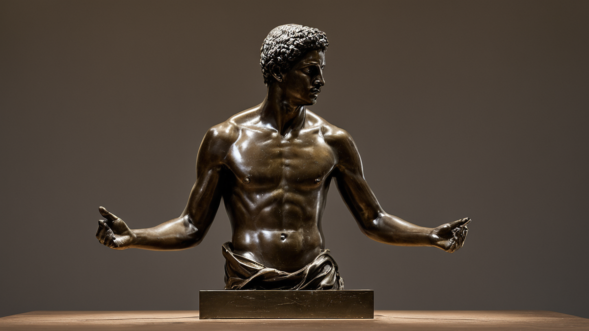 Statue de boxeur en bronze exposée dans une galerie de musée.