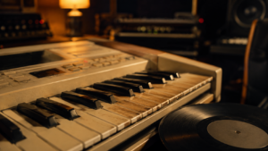 Un clavier sampler vintage près d’un disque sans étiquette