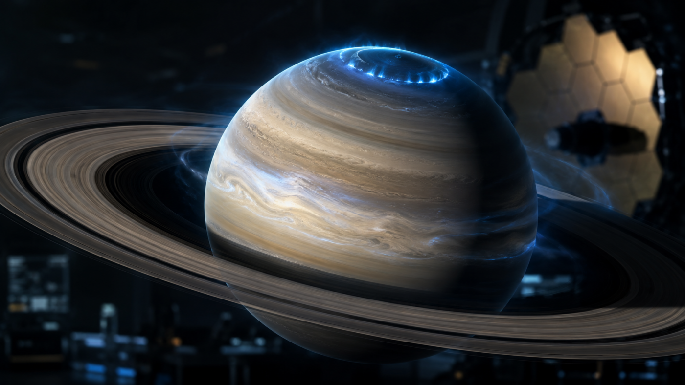 Saturne et ses anneaux observés dans une ambiance de laboratoire spatial sombre