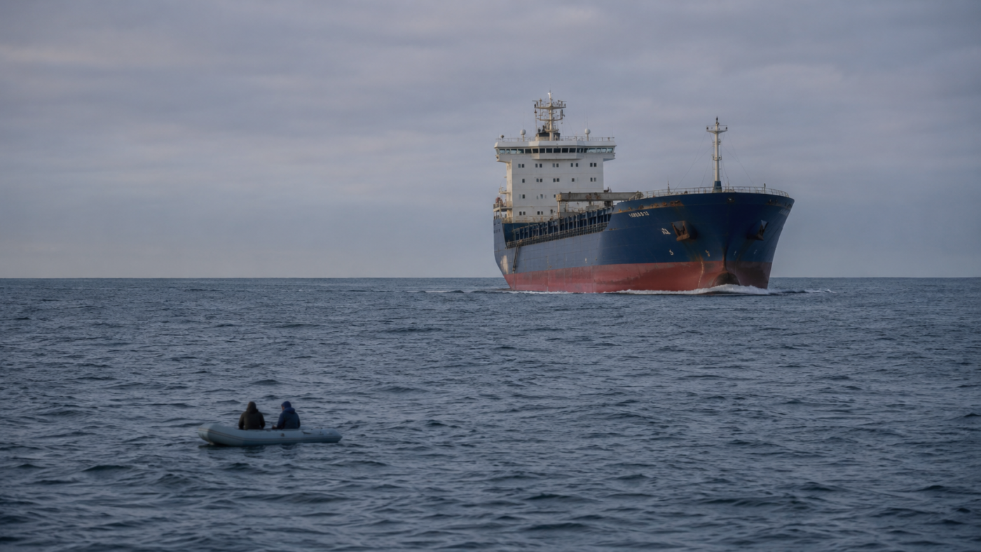 Petite annexe pneumatique en mer avec cargo flou au loin