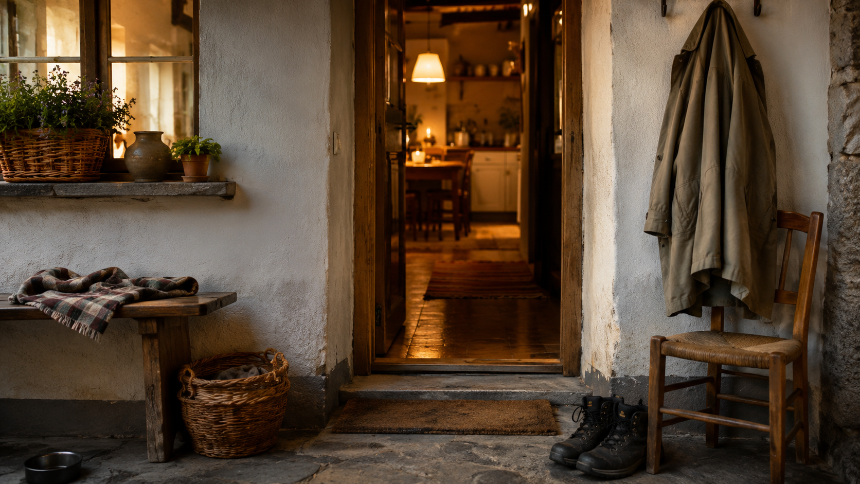 Une entrée de maison avec chaussures et veste après une recherche
