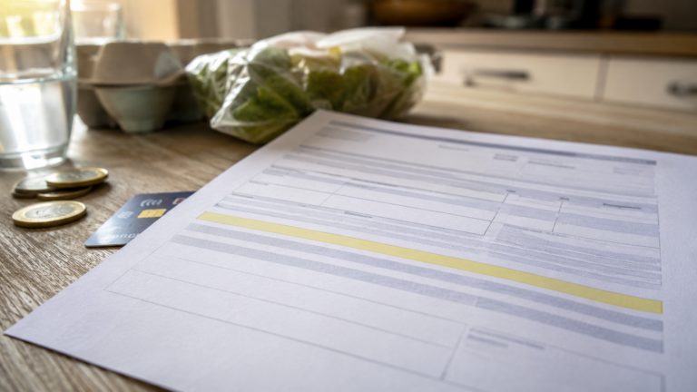 Bulletin de paie neutre sur une table, ligne masquée