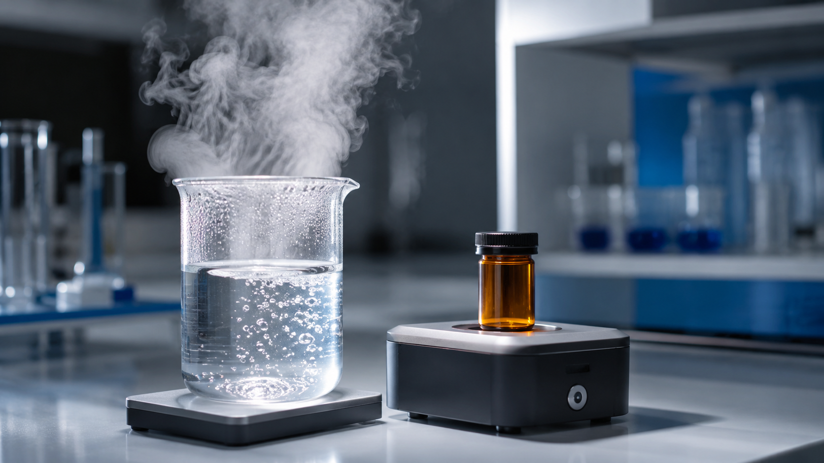 Un bécher chauffe en laboratoire près d’une fiole ambrée