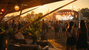 Une scène de festival d’été avec un espace de prévention discret, sans texte ni visage identifiable.