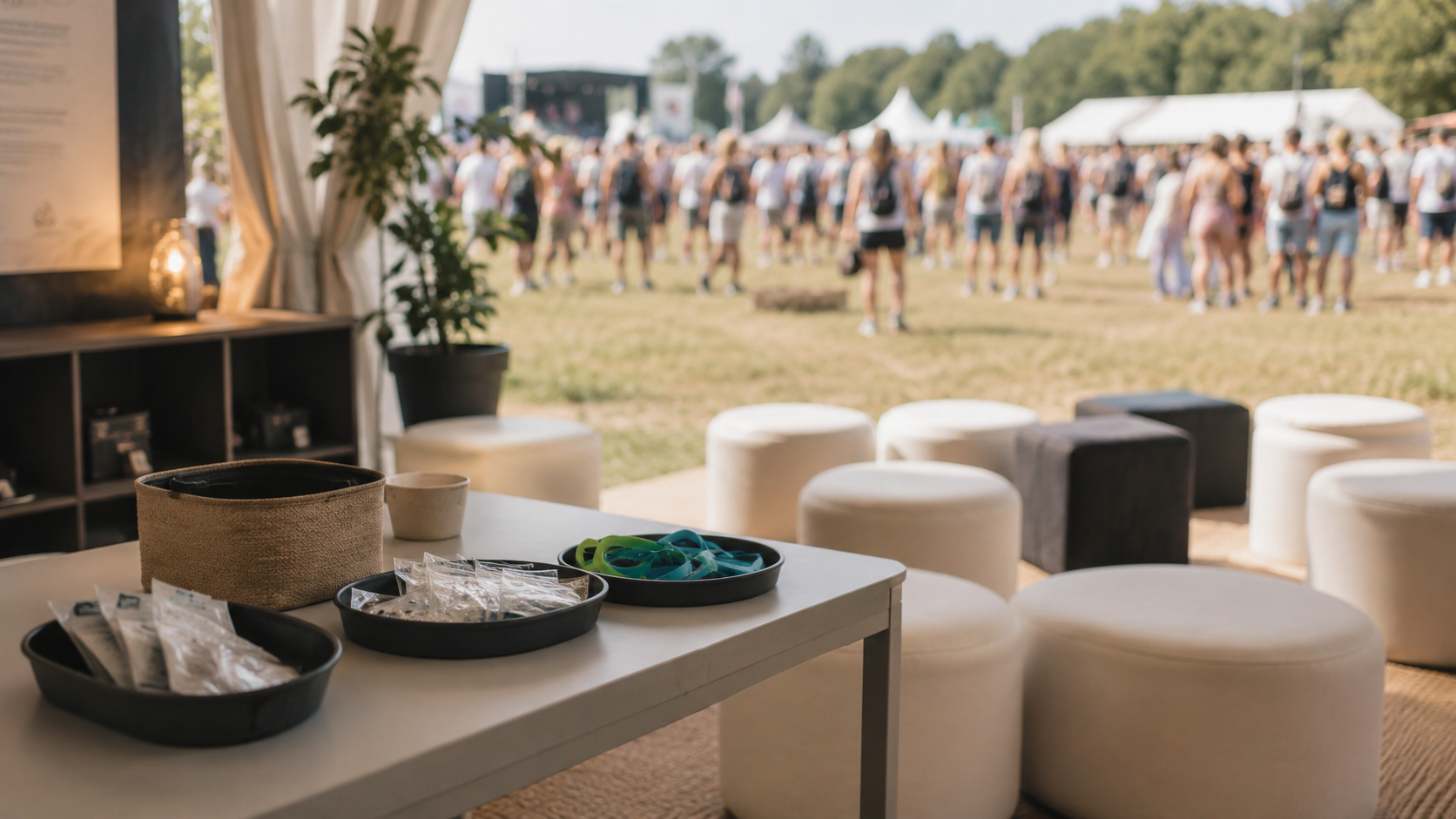 Un espace de prévention dans un festival, avec objets neutres et foule floue, sans texte visible.