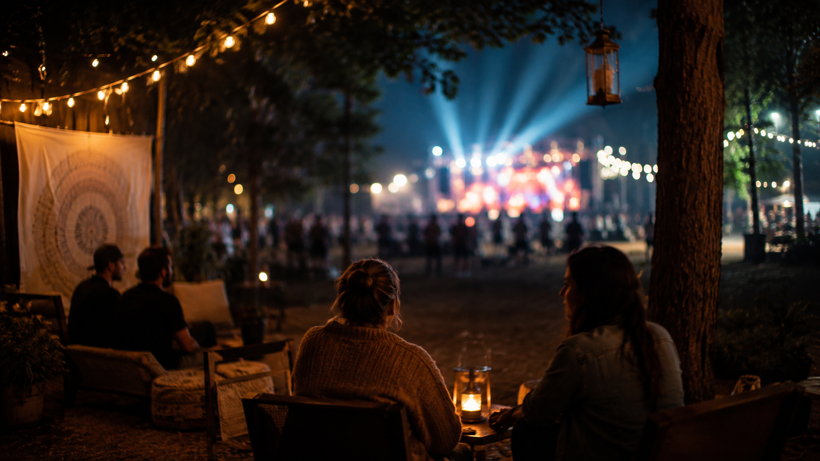 Un espace associatif calme au bord d’un festival de nuit, sans texte ni visage identifiable.
