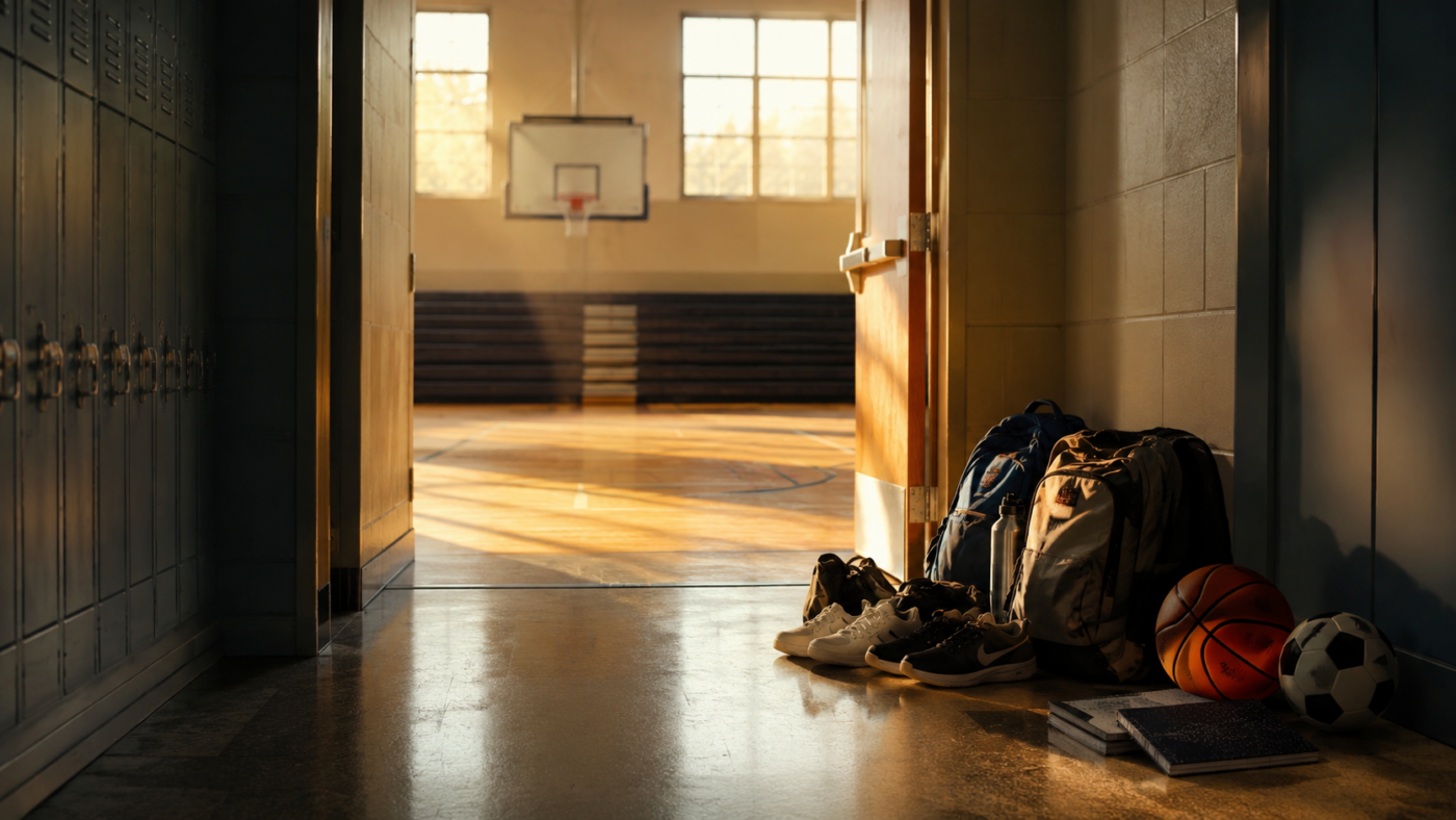 Des sacs de sport attendent devant un gymnase après l’école.
