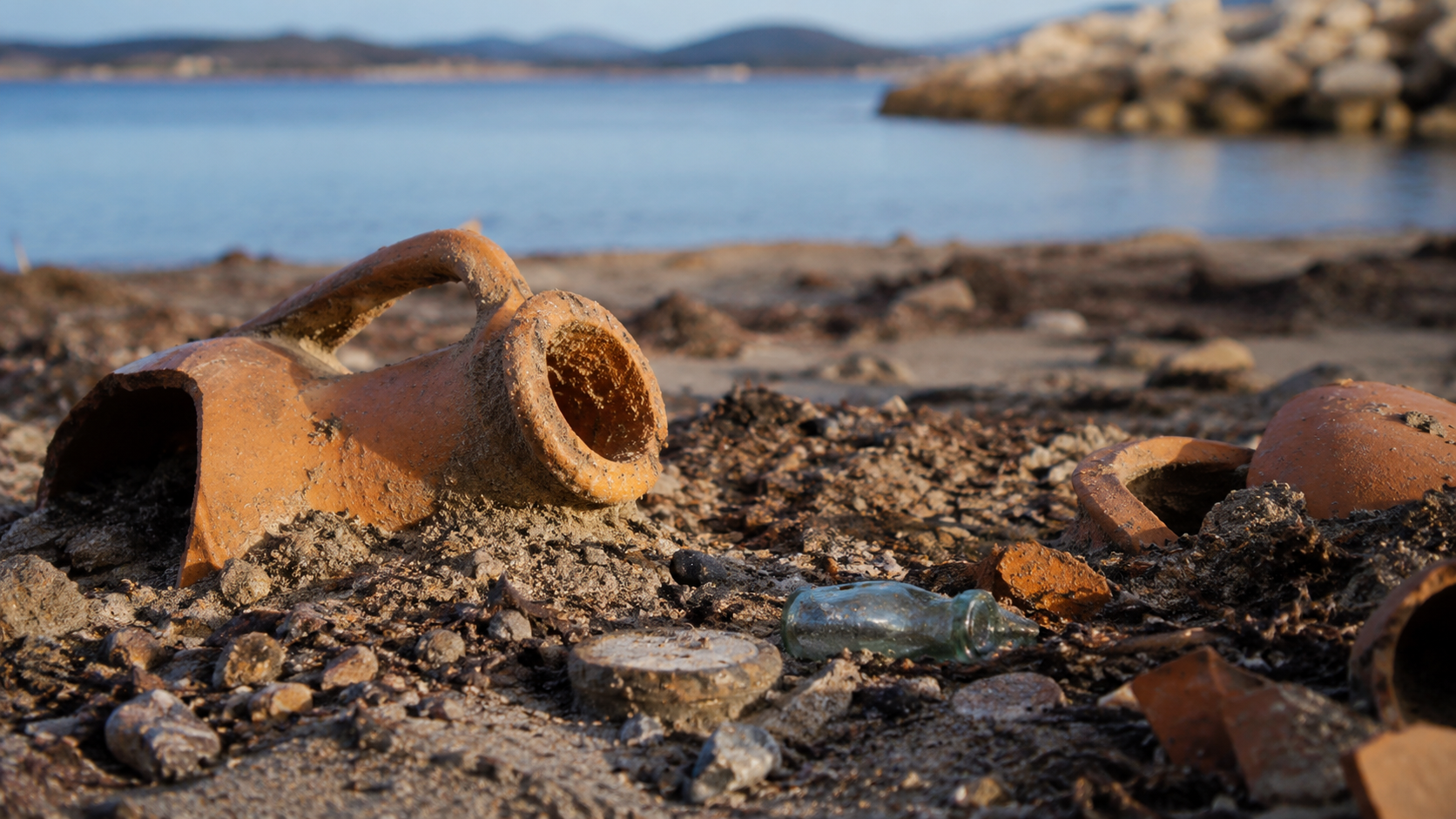 Des fragments d’amphore posés sur une terre sableuse, avec une rade floue en arrière-plan.