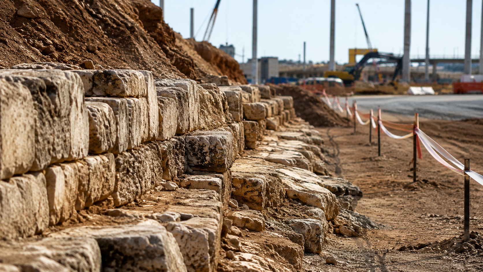 Un mur antique dégagé près d’une zone de chantier floue, sans panneau ni personne identifiable.
