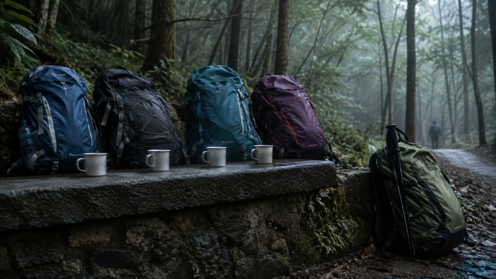 Quatre sacs et quatre gobelets neutres attendent à un ravitaillement forestier.