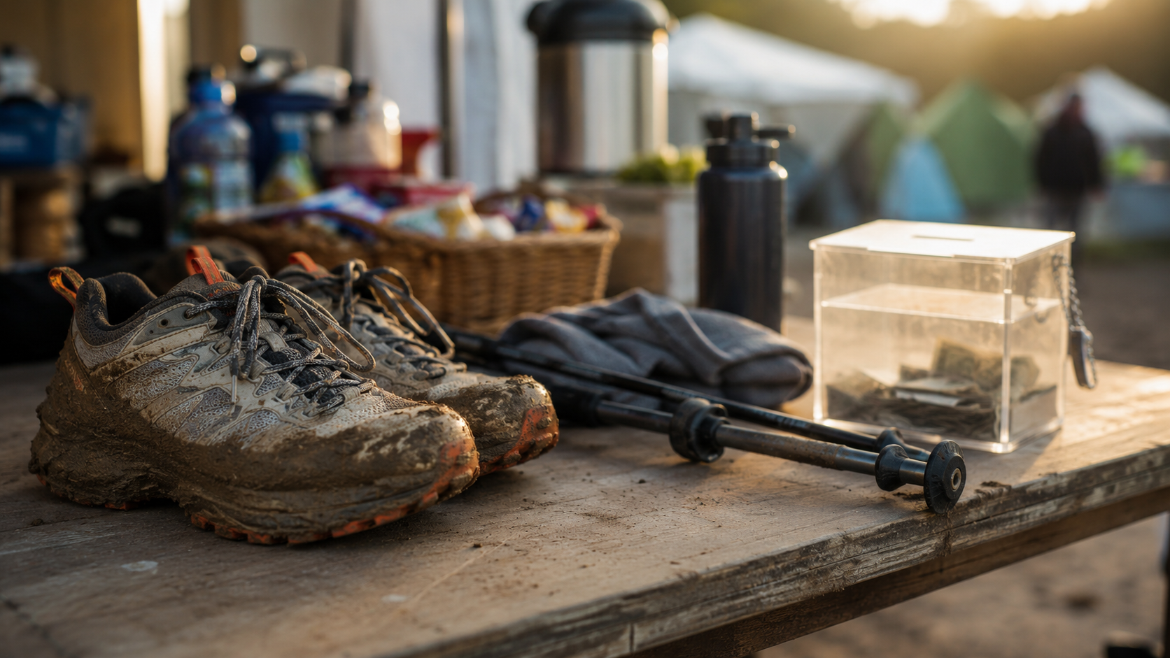 Des chaussures de marche boueuses près d’une table de collecte neutre.