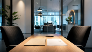 Une offre d’emploi imprimée sans texte lisible posée près d’un ordinateur flouté, symbole de la transparence salariale attendue.