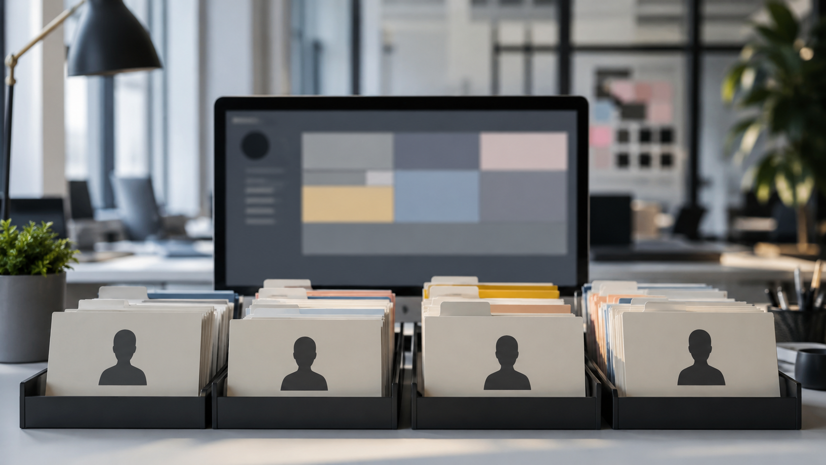Un bureau RH vide avec dossiers neutres et écran flou, évoquant le tri automatisé des candidatures.