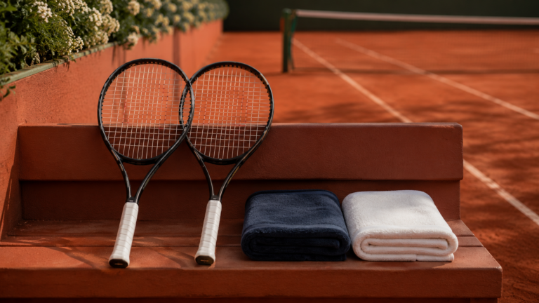 Raquettes de double sur terre battue dans un vestiaire de Roland-Garros