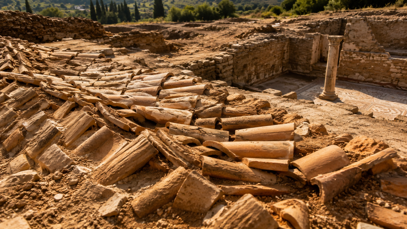 Tuiles romaines effondrées sur un chantier archéologique de Provence