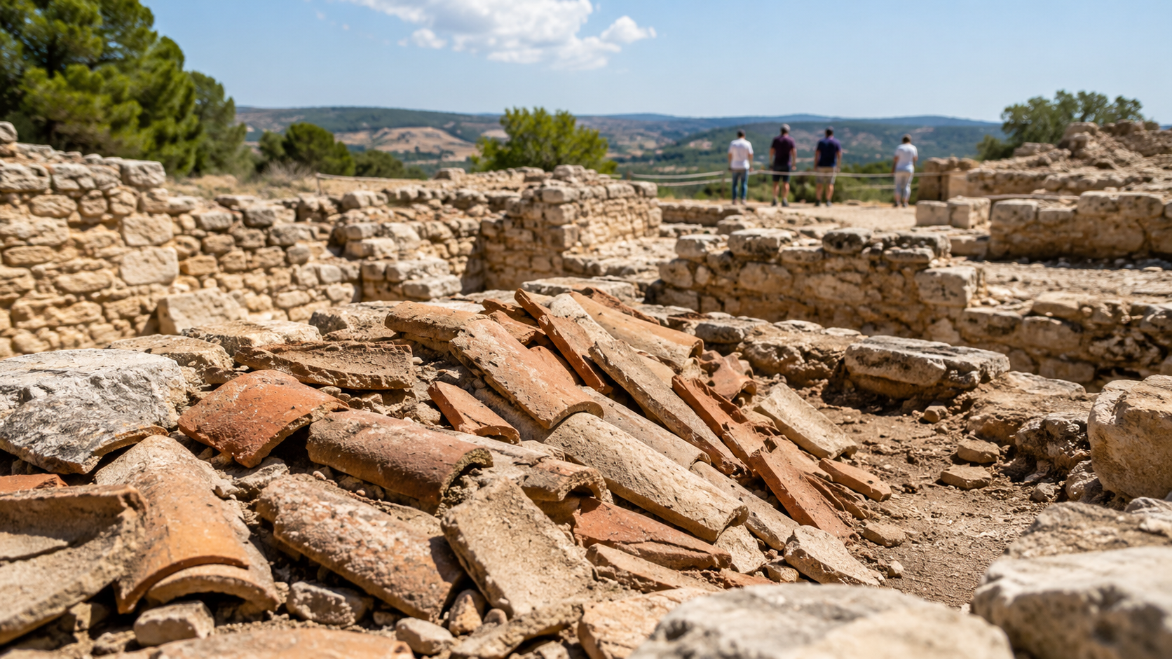 Chantier archéologique de Provence avec tuiles au premier plan et visiteurs flous au loin