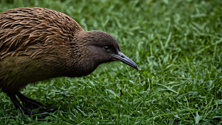 Un kiwi sort d'une caisse sur l'herbe.