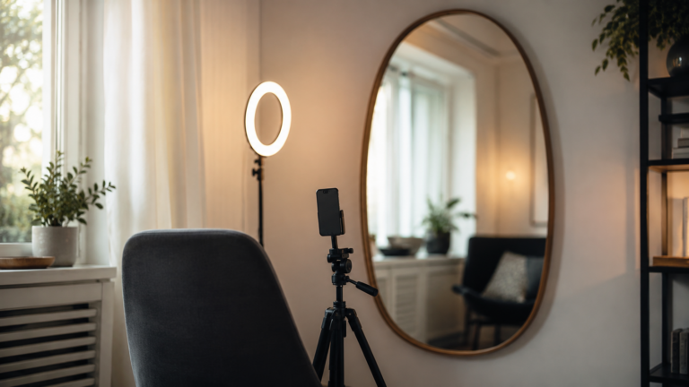 Un miroir vide et un smartphone retourné suggèrent la recherche de copies