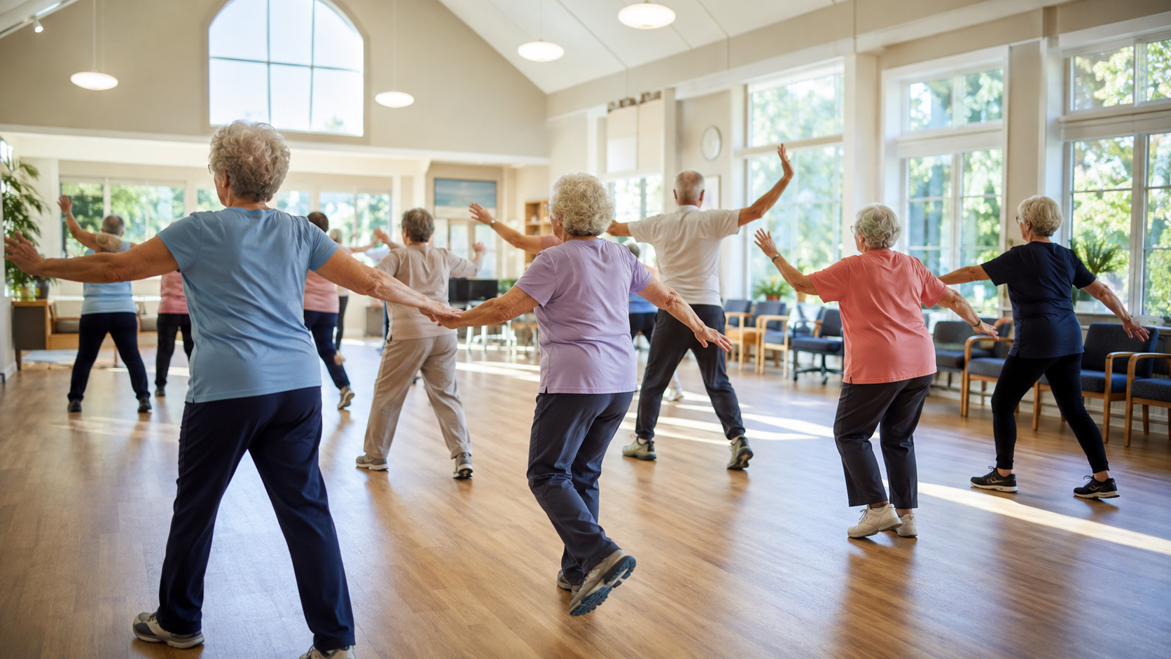 Groupe de seniors en cours de gym collective dans un centre communautaire