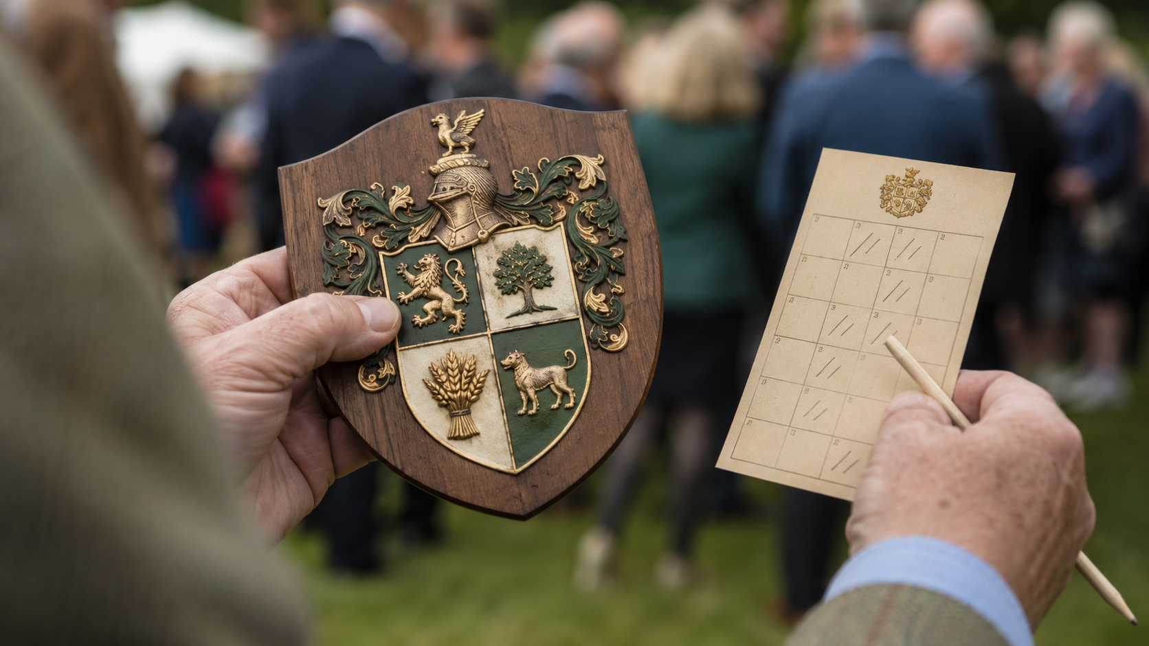 Mains tenant un blason familial et une carte numérotée lors du comptage