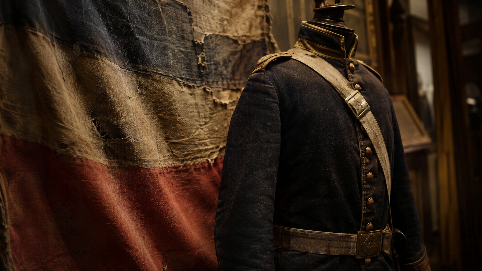 Drapeau de régiment ancien et uniforme d'époque dans une salle d'honneur