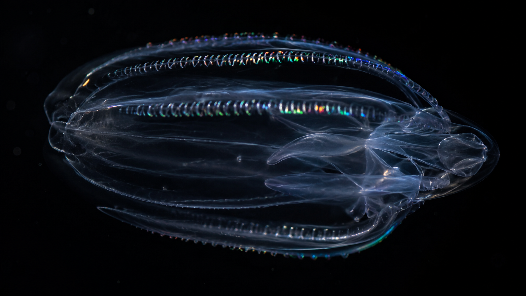 Un cténophore transparent aux cils iridescents dérivant dans l'eau sombre