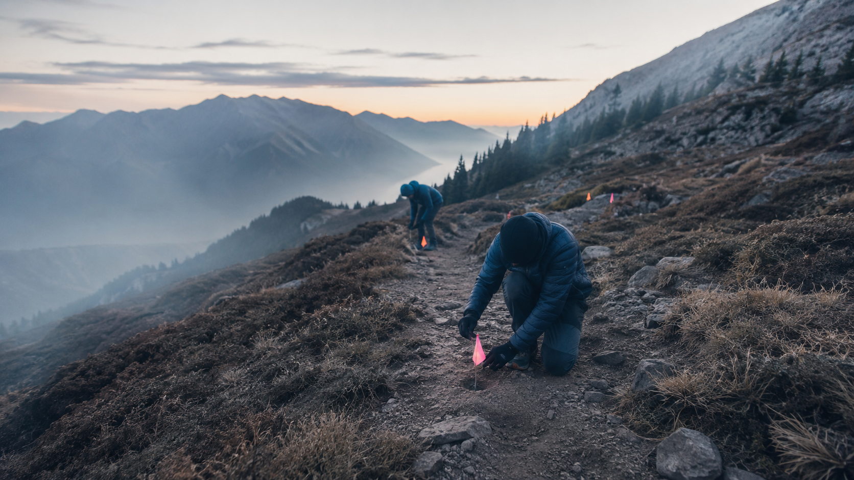 Deux bénévoles balisent en binôme un sentier de montagne à l'aube, dans la brume alpine