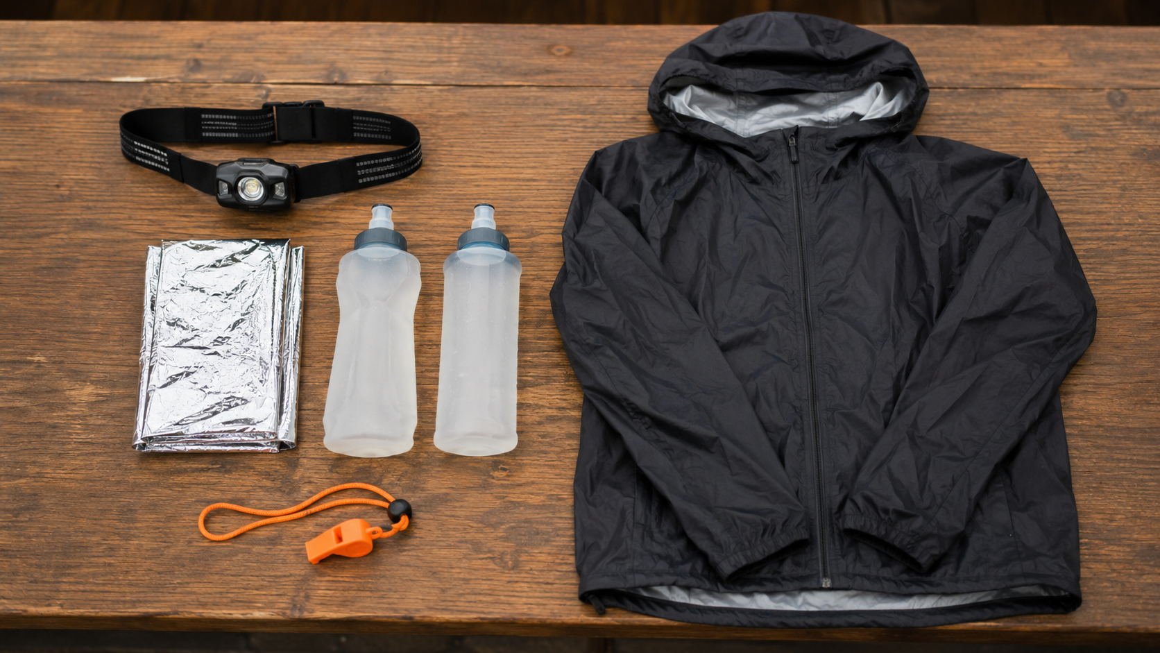 Le matériel obligatoire d'un coureur de trail étalé sur une table pour contrôle : lampe frontale, couverture de survie, veste, gourdes