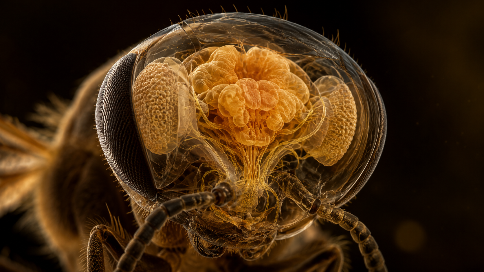 Coupe scientifique 3D du cerveau d'une abeille illustrant la complexite de ses circuits neuronaux