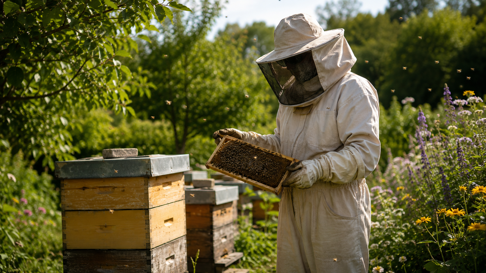 Apiculteur en tenue de protection devant des ruches dans un jardin ensoleillé, avec des abeilles en vol