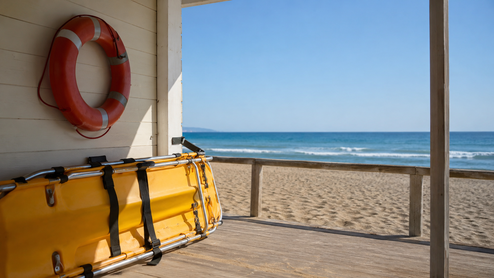 Un poste de secours de plage avec un brancard et une bouée de sauvetage rouge, sans personne