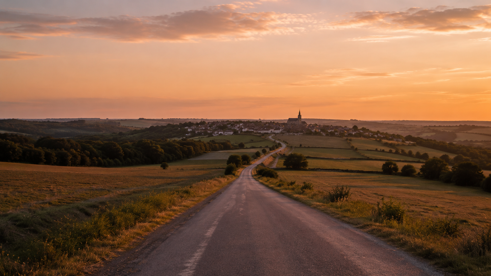 Une route de campagne française au crépuscule menant vers une petite ville au loin