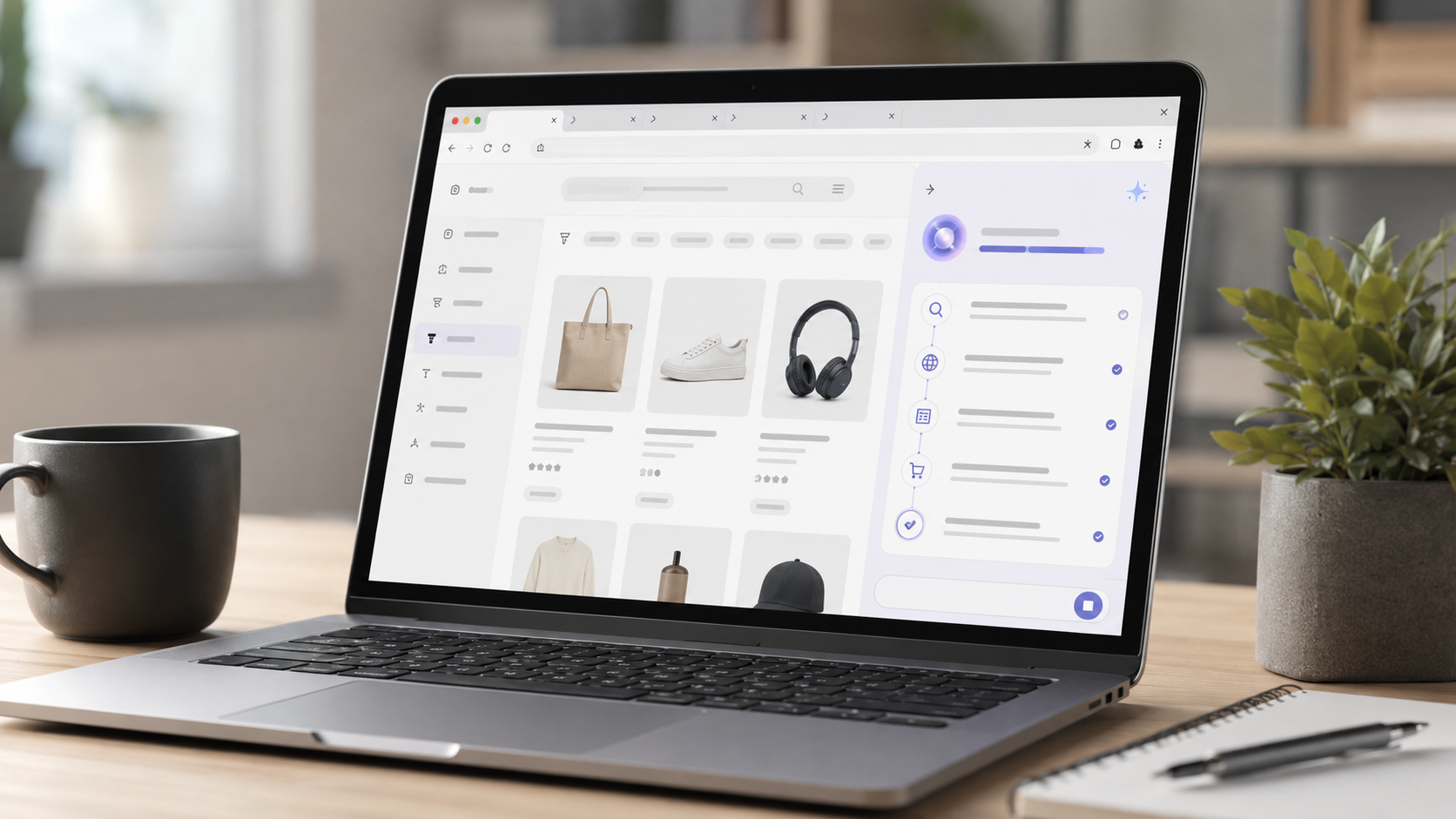 Écran d'ordinateur portable avec un panneau latéral d'assistant IA et plusieurs onglets de navigateur ouverts