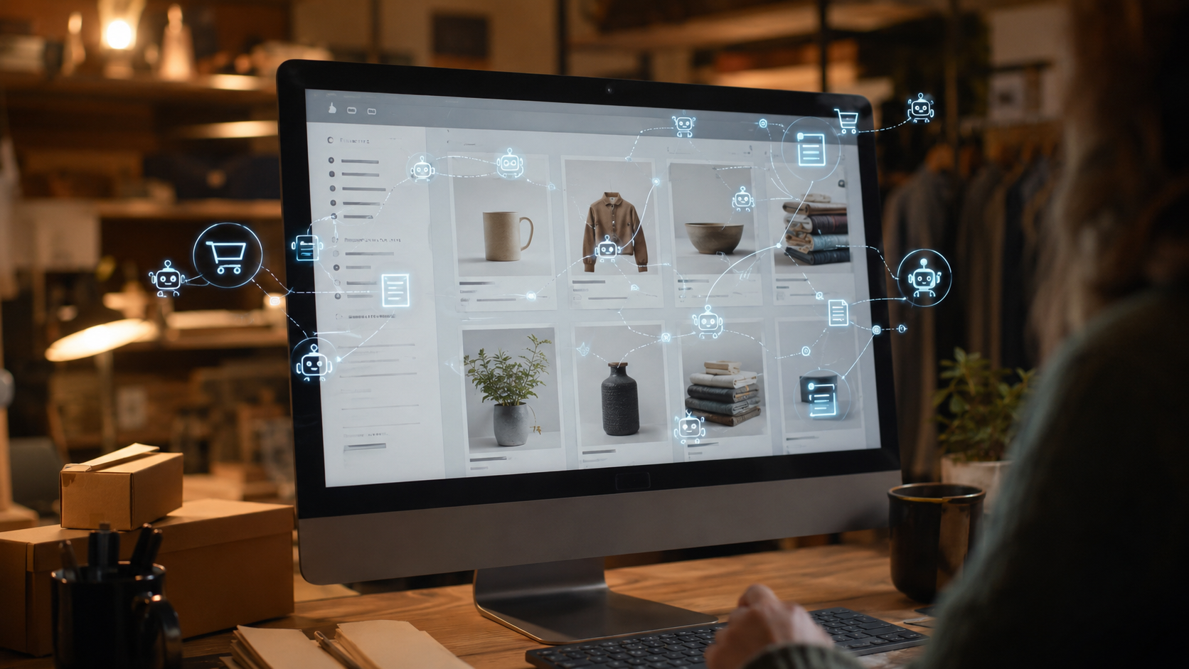 Écran d'un commerçant montrant une boutique en ligne parcourue par des icônes d'automatisation abstraites