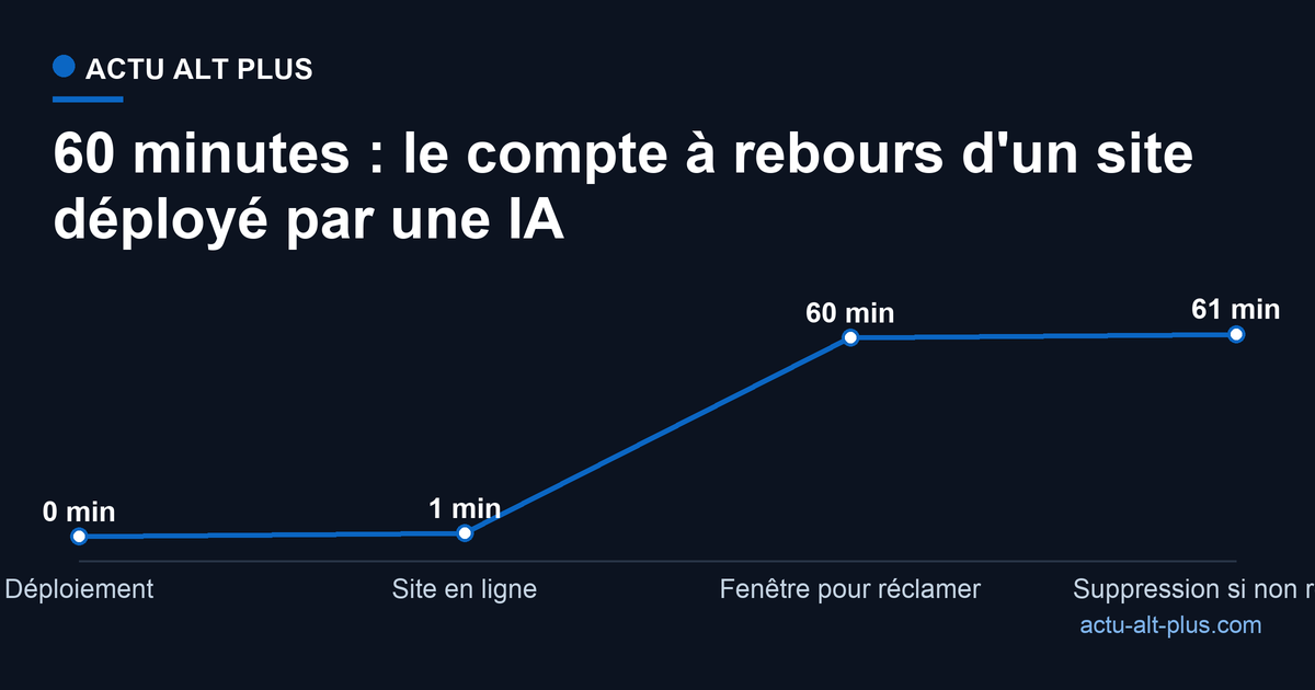 Parcours d'un agent IA : déploiement instantané, site en ligne 60 minutes, puis réclamation ou suppression automatique