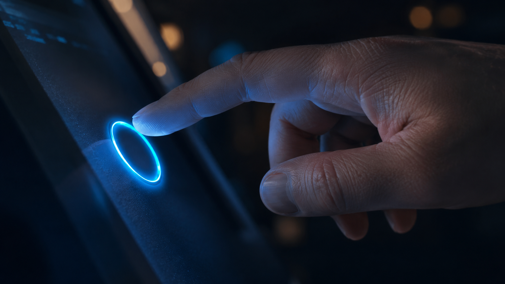 Une main s'approche d'un bouton lumineux sur un écran, dans une lumière sombre