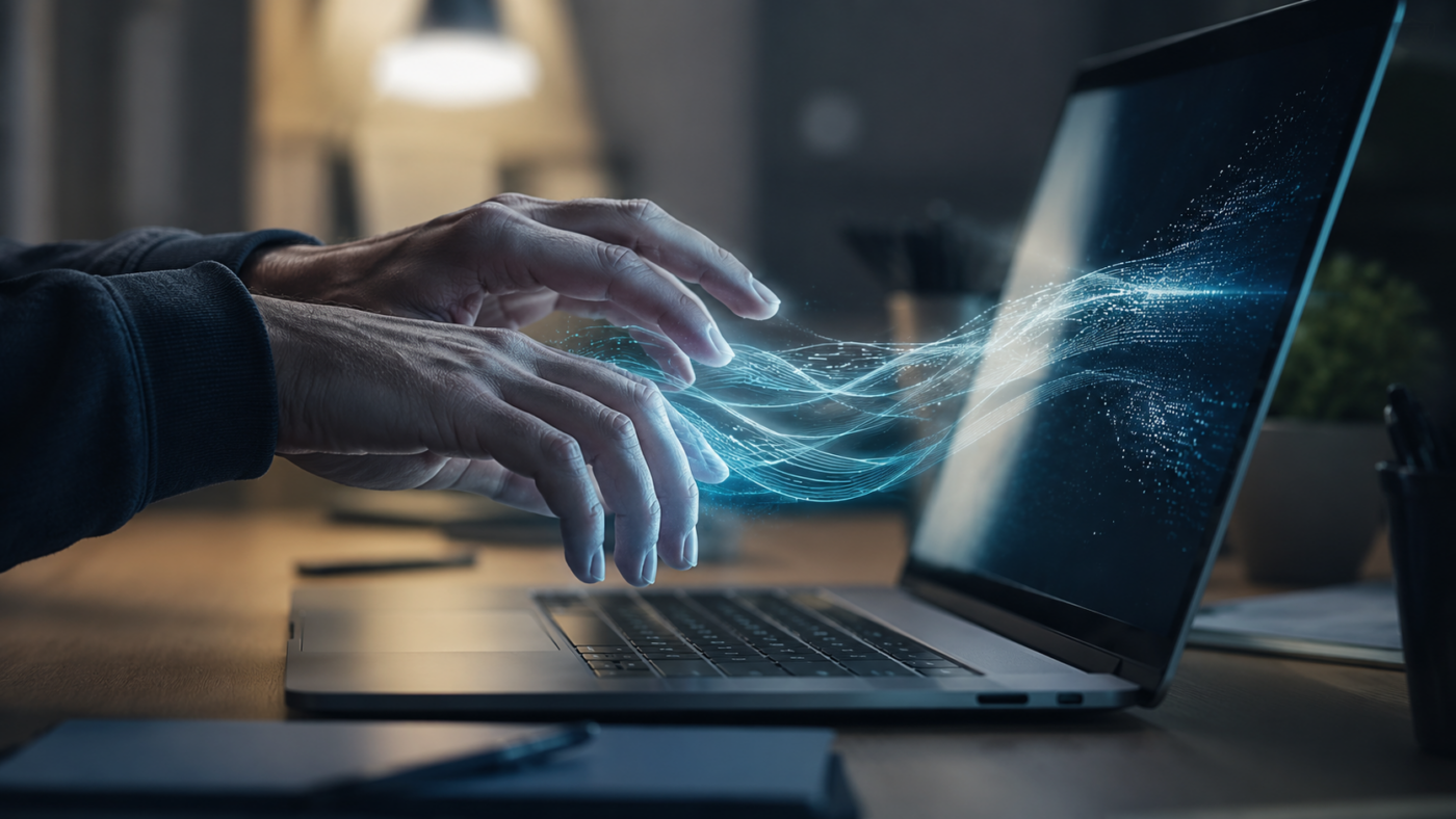 Mains au-dessus du clavier d'un ordinateur portable dont l'écran est allumé, évoquant un assistant qui agit à la place de l'utilisateur
