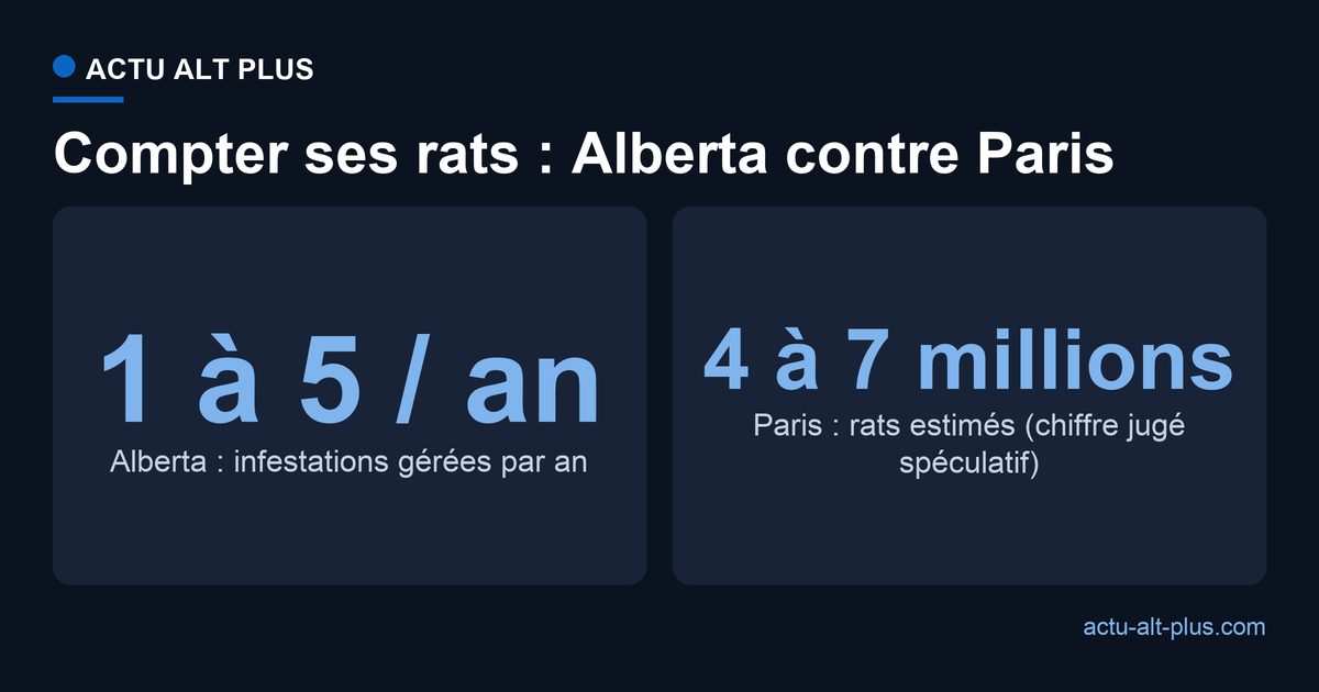 Comparaison Alberta / Paris : l'Alberta gère 1 à 5 infestations de rats par an et les compte à l'unité ; Paris abrite entre 4 et 7 millions de rats estimés, un chiffre que la Ville juge spéculatif.