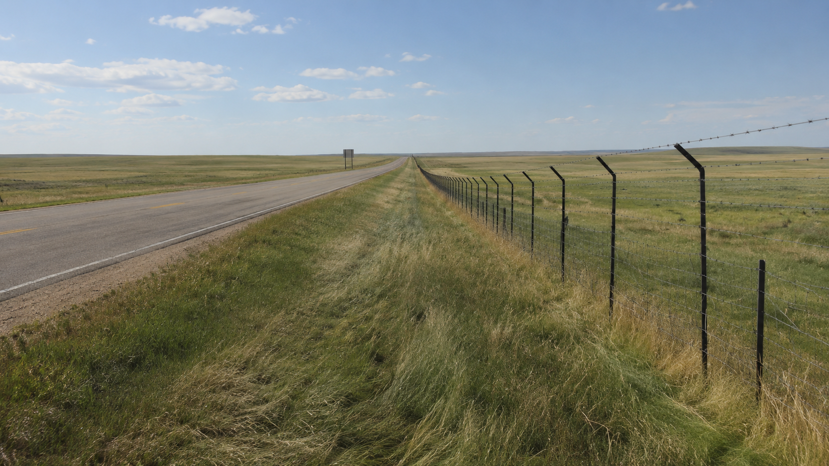 une route droite longeant une clôture agricole à la limite de deux provinces, panneau générique au loin