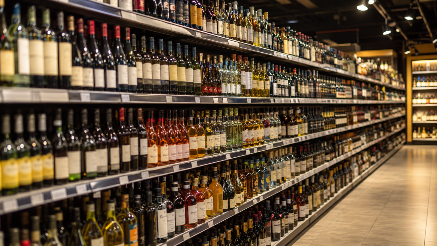 Rayon de bouteilles de vin, biere et spiritueux dans un eclairage neutre