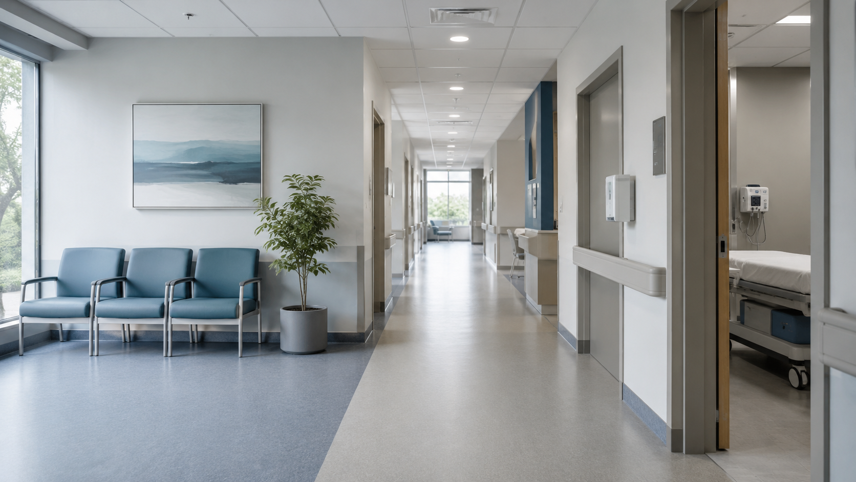 Couloir hospitalier sobre en lumiere neutre