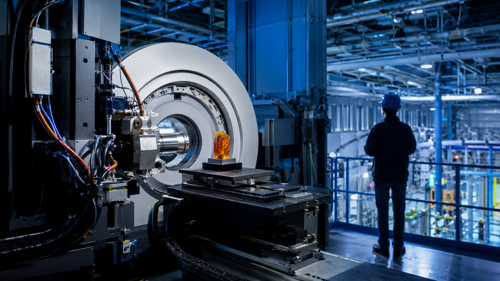 Chercheur plaçant un échantillon d'ambre dans un appareil de microtomographie synchrotron