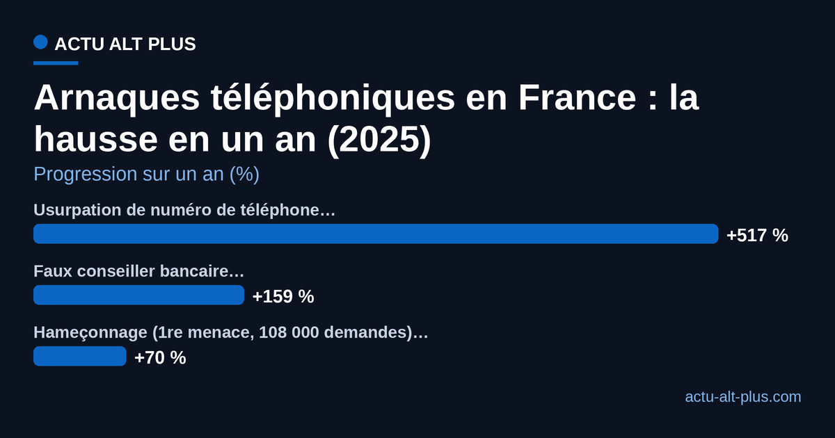 Hausse 2025 des arnaques téléphoniques en France : usurpation de numéro +517 %, faux conseiller bancaire +159 %, hameçonnage +70 %