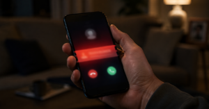 Main tenant un smartphone affichant un appel entrant avec un bandeau d'alerte lumineux dans un salon en soiree