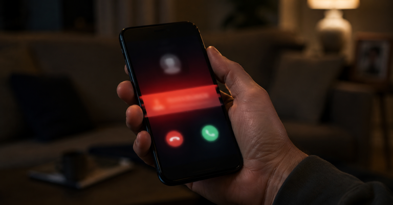 Main tenant un smartphone affichant un appel entrant avec un bandeau d'alerte lumineux dans un salon en soiree