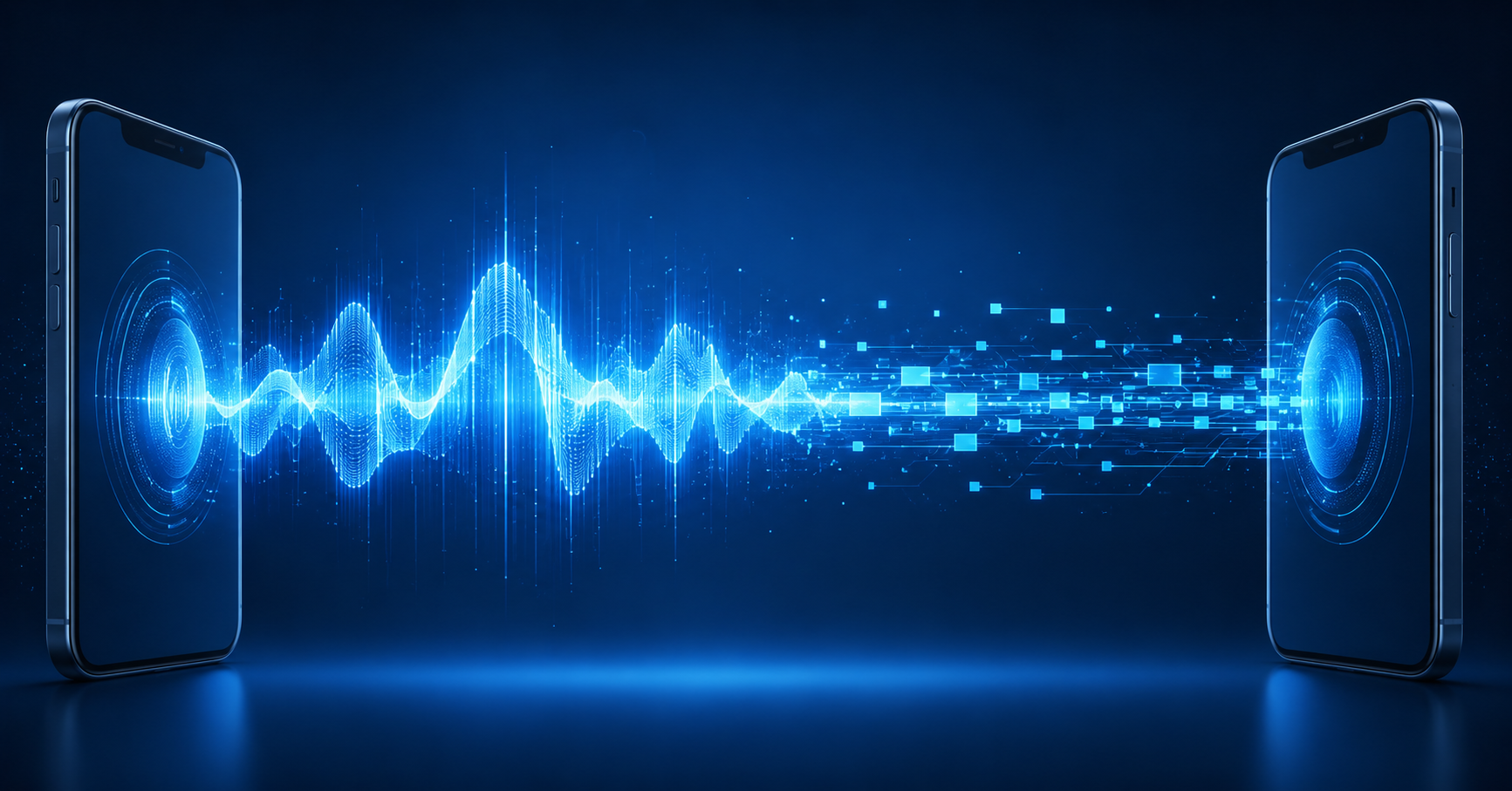 Onde vocale se transformant en signal numerique reliant deux telephones, tons bleus