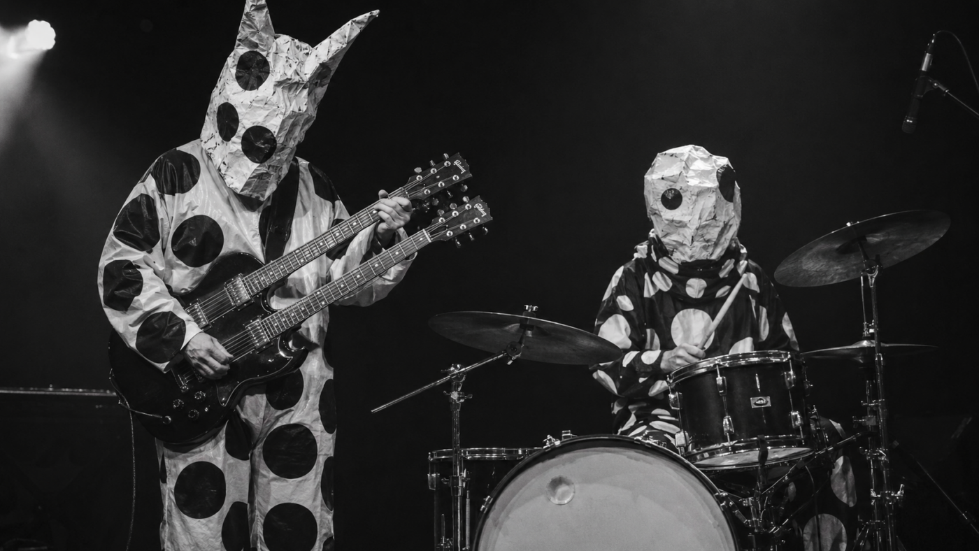 Deux musiciens masqués en costumes à pois noir et blanc sur une scène nue, guitare double manche et batterie