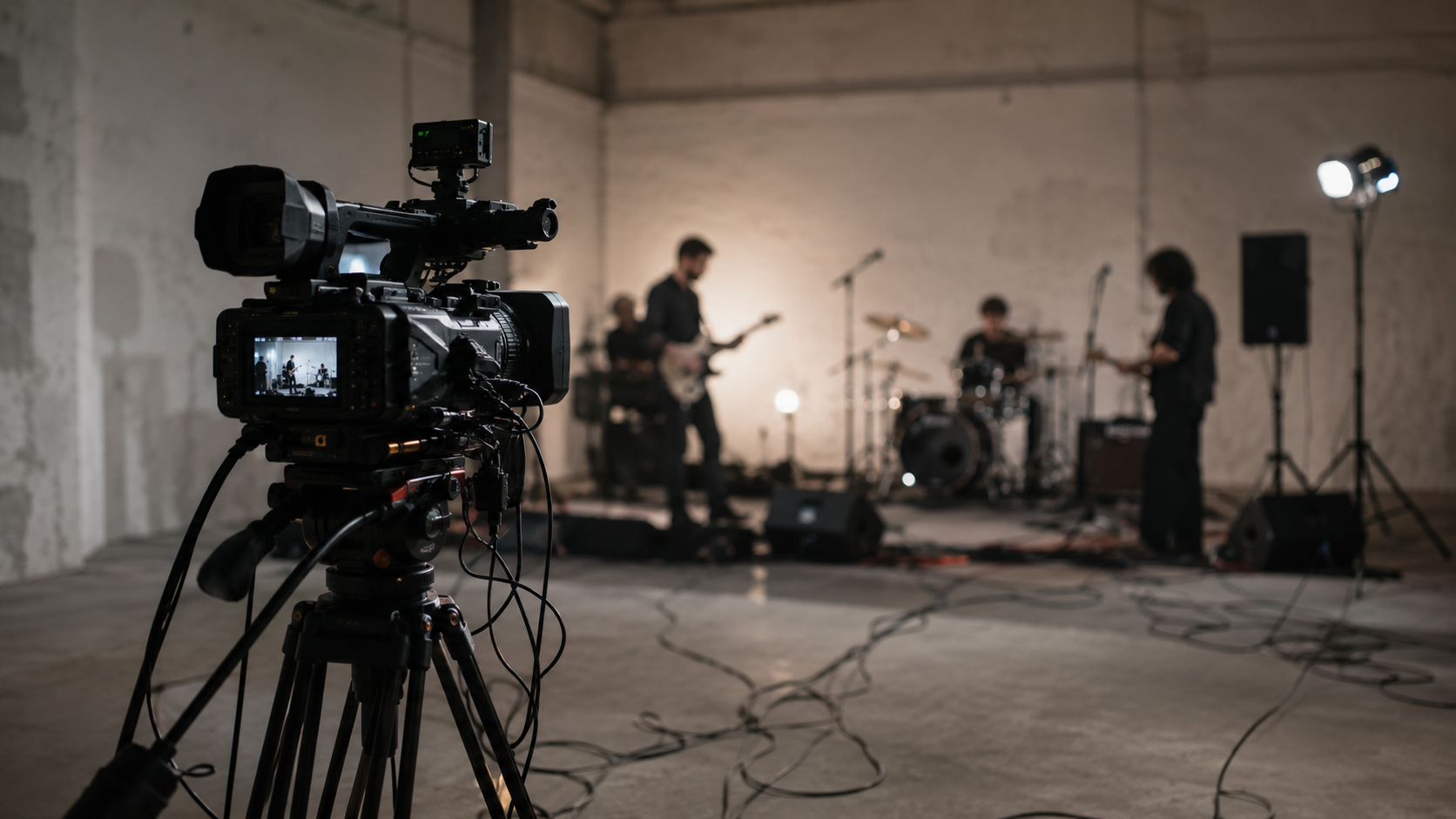 Une caméra sur trépied filme un groupe dans une salle dépouillée, ambiance de captation live