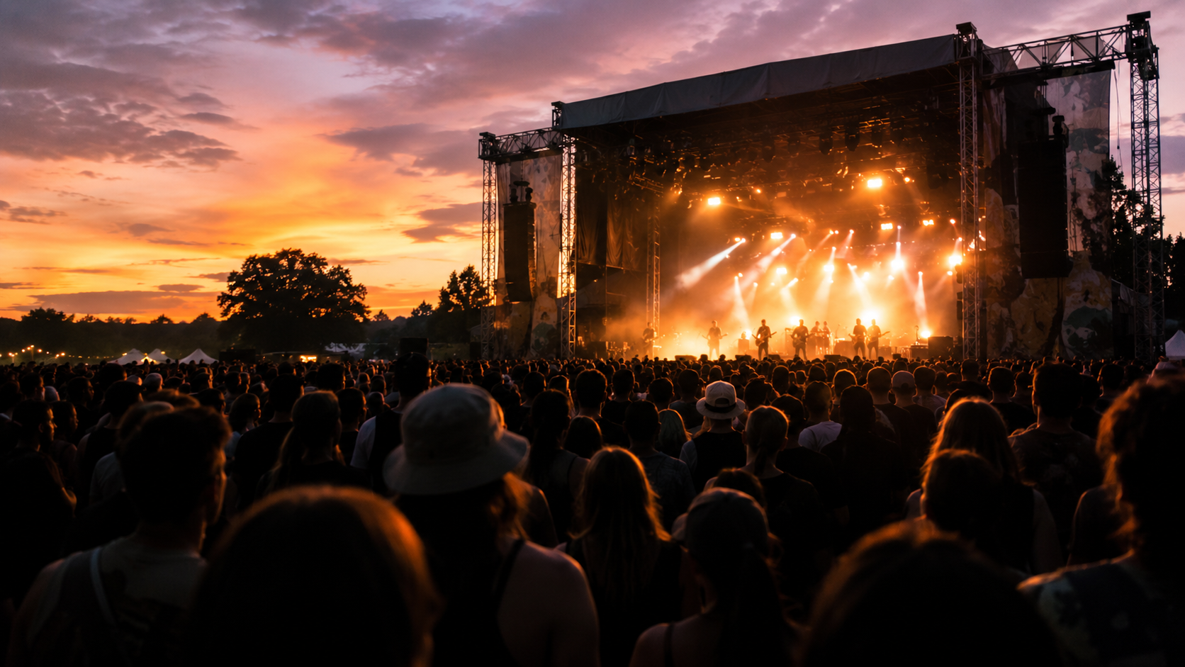 Une scène de festival de musique en plein air à la tombée du jour, foule en silhouette de dos