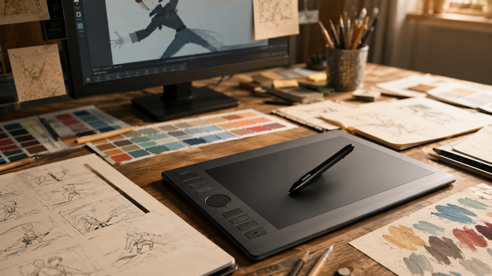 Poste de travail d'animateur avec tablette graphique, stylet et ecran montrant un personnage abstrait